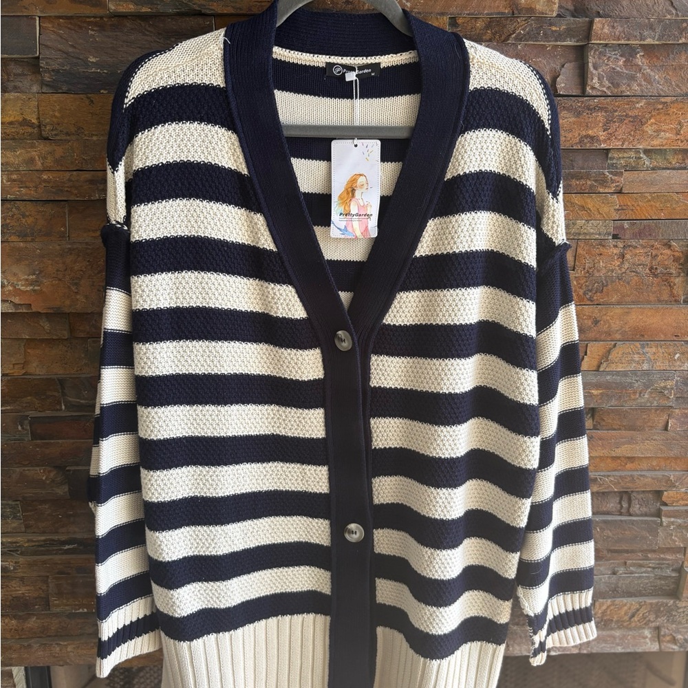 Striped Navy and Cream Women's Cardigan